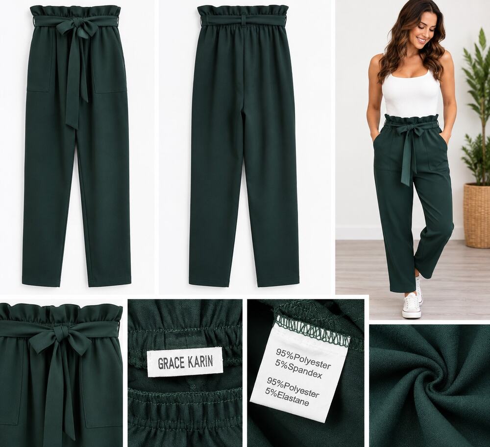 Grace Karin Women’s Dark Green Paperbag Waist Pants – Tie Belt & Pockets